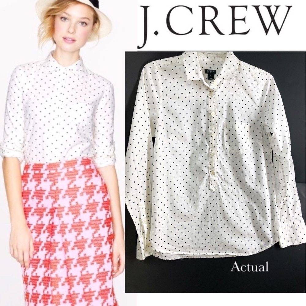 J. Crew Polka Dot half button Shirt size XS polka dot white black preppy classy